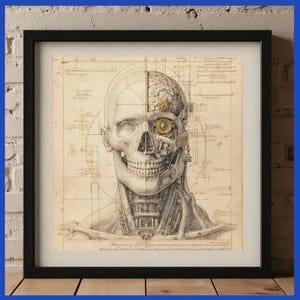 Puede incluir: Impresión enmarcada que presenta una detallada ilustración anatómica de un cráneo y cerebro humanos, con elementos mecánicos. La obra de arte está en tonos sepia, con intrincados trazos y diagramas técnicos. La impresión está enmarcada en negro.