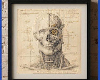 Da Vinci Style Cyborg Skull – Digital Anatomical Drawing | Human-Machine Art | Vintage Engineering Print | 300 DPI | 5 Sizes