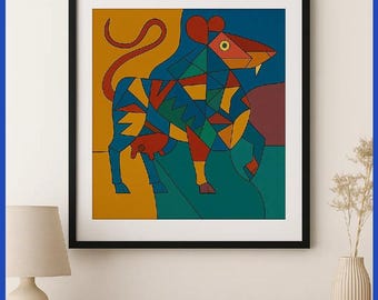 Framed Cubist Lion Print – Bold Geometric Wall Art – Modern Colorful Animal Poster – Abstract African Lion Decor for Home or Office