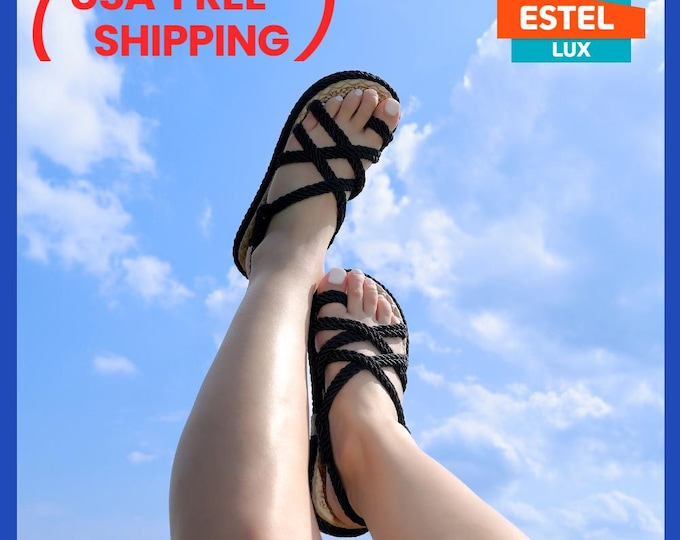 Featured listing image: Black - White Rope Sandals | Casual Summer Flats for Women | Slip-On Sandals for Beach |Summer Braided Flats | Mink Sandals for Women