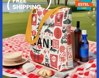 Japanese Tote Bag, Japanese Design Beach Bag Japanese Style Rong Bag Red Water Resistant Tote Bag Colourful Tote Pool Bag Picnic Bag