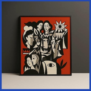 May include: Framed abstract art print featuring a collection of stylized faces in black, white, and gray against a red background. The artwork has a modern, geometric style with a black frame.