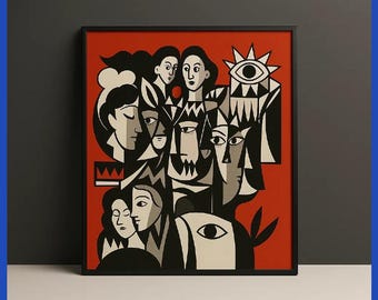 Abstract Cubist Poster Red Black White Art Print | Modern Wall Decor | Geometric Expressionist Face Artwork | Bold Graphic Gift Idea
