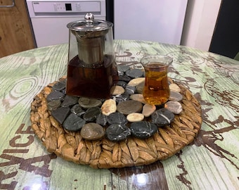Handmade Round Bamboo and Sea Stone Tray - Perfect Gift for Family and Friends Farmhouse Gift Tray Jute Rope Wood Serving Tray.