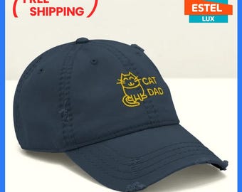 Vintage Dad Hat – Funny Cat Dad Baseball Cap – Distressed Adjustable Hat for Men & Women – Cute Embroidered Gift for Cat Lovers