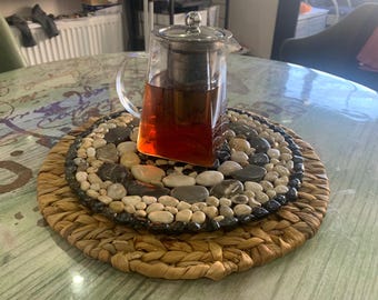 Handmade Round Bamboo and Sea Stone Tray - Perfect Gift for Family and Friends Farmhouse Gift Tray Jute Rope Wood Serving Tray.