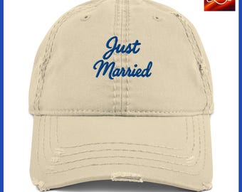 Just Married Distressed Dad Hat – Vintage Khaki Cap, Wedding Gift, Funny Newlywed Baseball Hat Distressed Dad Hat