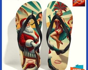 Christmas Santa Flip Flops, Festive Christmas Shoes, Funny New Year Santa Gift, Merry Christmas and Happy New Year, Unisex Beach Flip Flops