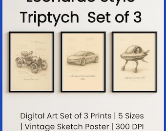 Leonardo Style Triptych – Past, Present & Future Vehicles | Digital Art Set of 3 Prints | 5 Sizes | Vintage Sketch Poster | 300 DPI