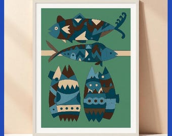 Bold Abstract Face Art Print – Modern Geometric Portrait, Digital Download, Mid-Century Pop Art, Printable Wall Art (5 Sizes)