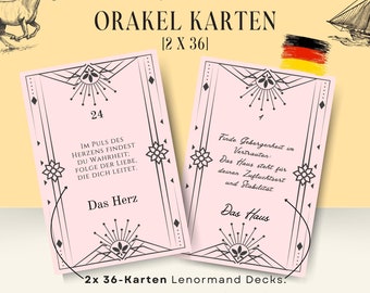 Lenormand Orakelkarten [2x36] | Kartenlegen | Marie Anne Lenormand Kombinationen Deuten | Kostenloser Spickzettel | Spiritualität
