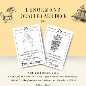 Deck Oracle Lenormand (36 cartes) | Aide-mémoire gratuit pour les significations verticales et inversées | Divination | Téléchargement numérique imprimable | Cartomancie