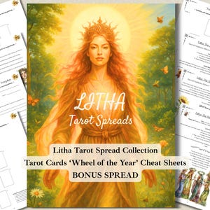 Puede incluir: Colección de tiradas de tarot con el texto "Litha Tarot Spreads". La imagen principal presenta a una mujer con cabello rojo y una corona dorada, rodeada de mariposas y luz brillante. También se ven páginas adicionales con texto.