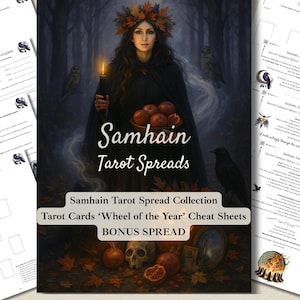 May include: A digital print featuring a woman holding a candle and a bowl of fruit, with the text "Samhain Tarot Spreads." Includes tarot card cheat sheets and bonus spreads. The image has a dark, mystical theme with owls and a raven.