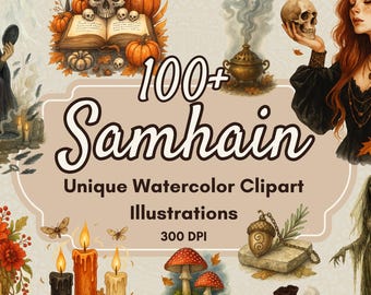 Samhain Clipart Bundle PNG Witchy Halloween Watercolor Illustrations, Ancestral Altar Art, Skull & Cauldron Clip Art, Wiccan Sabbat Graphics