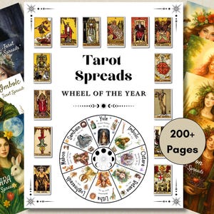 Puede incluir: Imagen de tiradas de tarot con el texto "Tarot Spreads Wheel of the Year" y "200+ Pages". La imagen incluye ilustraciones de cartas del tarot, temas estacionales y obras de arte de mujeres con coronas florales.