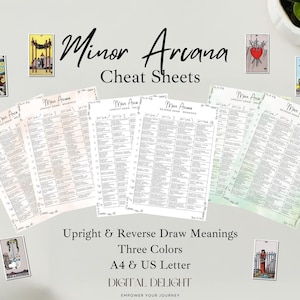 Schede riassuntive degli Arcani Minori, significati verticali e inversi, tre varianti, formato A4 e US Letter, interpretazioni dei mazzi di carte dei tarocchi