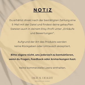 Hinweistext zu Rückgabebedingungen und Lizenzen für das digitale Lenormand-Kartenprodukt, beige Design mit klarer Schrift.