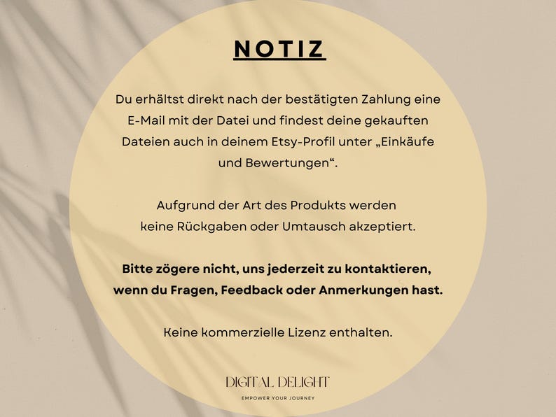 Hinweistext zu Rückgabebedingungen und Lizenzen für das digitale Lenormand-Kartenprodukt, beige Design mit klarer Schrift.