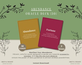 Op de afbeelding: Een set van 30 oracle kaarten met een goud en rood ontwerp. De kaarten bevatten de woorden "Overvloed" en "Geluk" met beschrijvingen van elk woord. De tekst "Manifesteer je overvloed" staat onderaan de afbeelding. De afbeelding bevat ook de tekst "30 kaarten" en "2 maten".