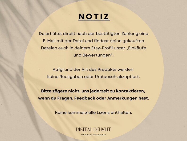 Notiz für Kunden: Datei-Download direkt nach bestätigter Zahlung. Keine Rückgabe oder Umtausch möglich. Kontaktieren Sie uns jederzeit für Fragen, Feedback oder Anmerkungen. Perfekt für den persönlichen Gebrauch!