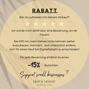 Rabatt-Angebot für Kunden mit einer Bewertung, inklusive 15 % Gutschein als Dankeschön und Unterstützung für kleine Unternehmen.