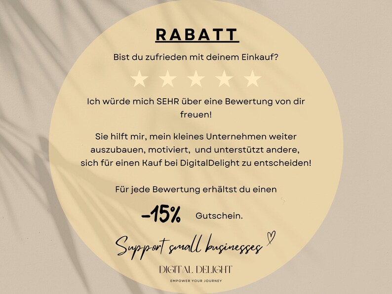 Rabatt-Angebot für Kunden mit einer Bewertung, inklusive 15 % Gutschein als Dankeschön und Unterstützung für kleine Unternehmen.