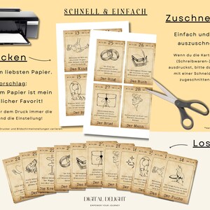 Druckfertige Anleitung für Lenormand-Karten mit antikem Design. Praktische Tipps zum Zuschneiden und Druck auf hochwertigem Papier, perfekt für individuelle Orakel-Lesungen.