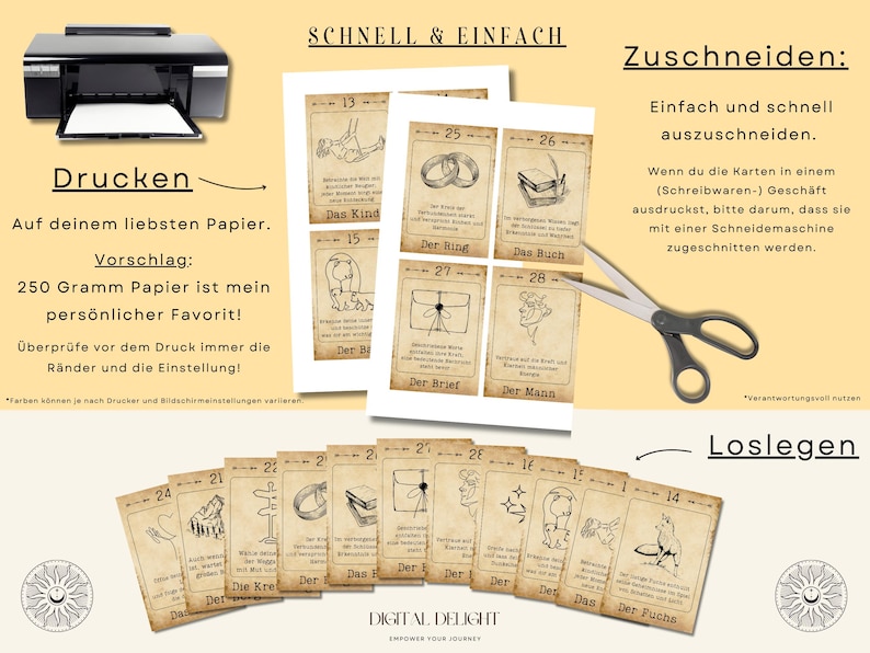 Druckfertige Anleitung für Lenormand-Karten mit antikem Design. Praktische Tipps zum Zuschneiden und Druck auf hochwertigem Papier, perfekt für individuelle Orakel-Lesungen.