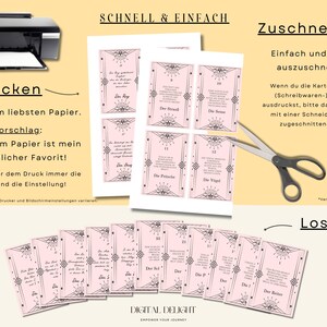 Anleitung zum Drucken und Schneiden des rosa Lenormand-Karten-Sets. Hochwertige Kartengröße auf A4 für personalisierte Anwendungen. Ideal für DIY-Projekte – starte jetzt deine spirituelle Kartenreise!