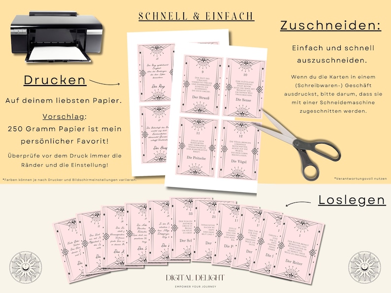 Anleitung zum Drucken und Schneiden des rosa Lenormand-Karten-Sets. Hochwertige Kartengröße auf A4 für personalisierte Anwendungen. Ideal für DIY-Projekte – starte jetzt deine spirituelle Kartenreise!