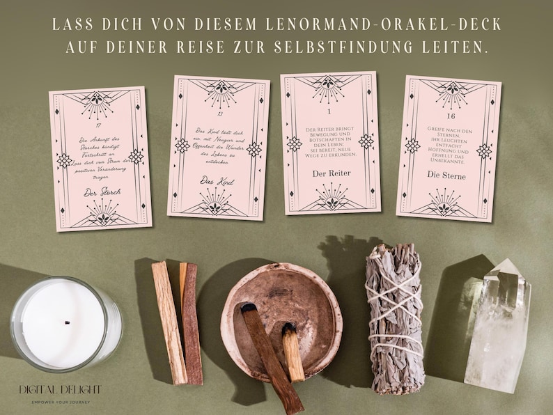 Lenormand-Karten in stilvollem rosa Design, arrangiert mit spirituellen Tools wie Salbei und Kristallen. Lasse dich von diesen Karten auf deiner Reise zur Selbstentdeckung leiten. Inspirierend und praktisch für tägliche Rituale!