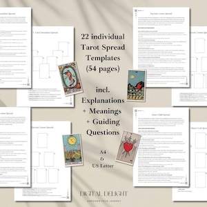 22 plantillas de tiradas de tarot que incluyen explicaciones, significados, diseños y preguntas de orientación / PDF imprimible / Guía de lectura de tarot digital / RWS