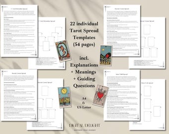 May include: A collection of 22 individual Tarot spread templates, including explanations, meanings, and guiding questions. The templates are available in A4 and US Letter sizes. The image features several tarot cards and pages of text.