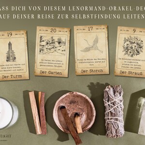 Lenormand Orakel-Karten in Vintage-Optik. Vier Karten präsentieren Weisheit, Transformation und Harmonie – ideal für spirituelle Selbstfindung.