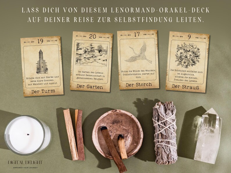 Lenormand Orakel-Karten in Vintage-Optik. Vier Karten präsentieren Weisheit, Transformation und Harmonie – ideal für spirituelle Selbstfindung.