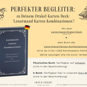 Buch "Lenormand Karten Kombinationen" als perfekter Begleiter für das Lenormand Orakel Deck, hervorgehoben auf gelbem Layout.