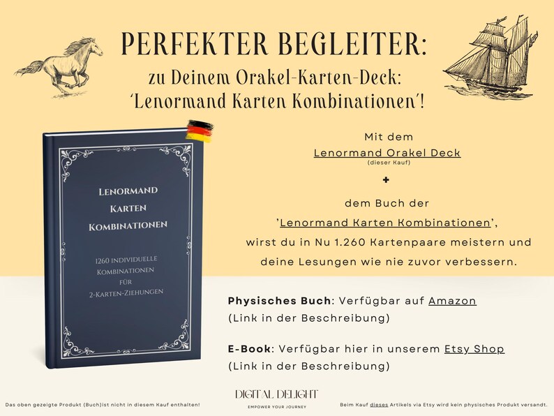 Buch "Lenormand Karten Kombinationen" als perfekter Begleiter für das Lenormand Orakel Deck, hervorgehoben auf gelbem Layout.