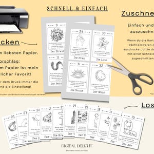 Druckanleitung für Lenormand-Karten mit Schnittanweisung und farbigem Beispiel von Kartenlayouts auf beigem Hintergrund.