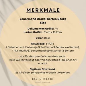 Details zum rosa Lenormand-Orakel-Kartendeck: 36 Karten, A4-Format, 3 PDFs, ideal für den persönlichen Gebrauch. Perfekt für intuitive Lesungen und spirituelle Reisen. Kein physisches Produkt, nur digitaler Download!