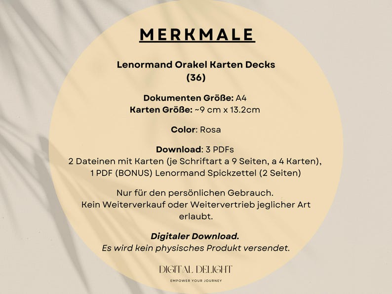 Details zum rosa Lenormand-Orakel-Kartendeck: 36 Karten, A4-Format, 3 PDFs, ideal für den persönlichen Gebrauch. Perfekt für intuitive Lesungen und spirituelle Reisen. Kein physisches Produkt, nur digitaler Download!