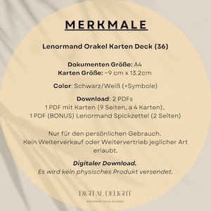 Übersicht der Merkmale des Lenormand Orakel Decks, mit Produktdetails zu Kartenanzahl, Größe, Farbe und Download-Optionen.