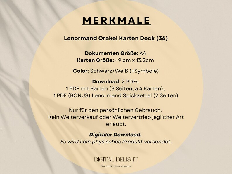 Übersicht der Merkmale des Lenormand Orakel Decks, mit Produktdetails zu Kartenanzahl, Größe, Farbe und Download-Optionen.
