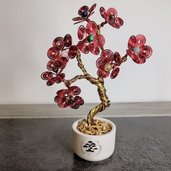 Arbre en fil d'aluminium, chemin de vie, pierre naturelle, bonsai, wire tree, cadeau unique, cadeau personnalisé
