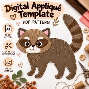 Può includere: Un modello digitale per applique in formato PDF con un'illustrazione di un procione marrone e dettagli cuciti. Il testo riporta Digital Applique Template, PDF Pattern, A4 PDF Pattern, Step by Step Instructions e Photo Examples con cuori.