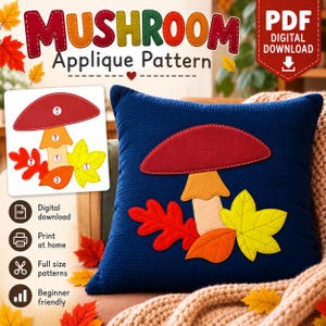 Puede incluir: Un patrón digital en PDF de aplique de seta que muestra un cojín cuadrado azul oscuro decorado con una seta de sombrero rojo, una hoja amarilla, una hoja de roble roja y una hoja naranja, con piezas etiquetadas para el montaje.