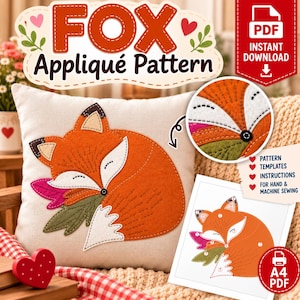 Modello PDF per applicazione di volpe, modello di animale del bosco, decorazione autunnale per cuscino, cucito a mano e a macchina, formato A4 (US Letter), download digitale.