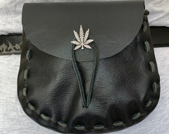 Pouch:  Black Colored Leather Pouch (Medieval in Style) - Pot Leaf Closure