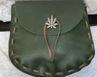 Pouch:  Dark Green Colored Leather Pouch (Medieval in Style) Potleaf button closure