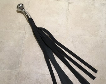 Very Dark Charcoal Grey Almost Black Coloured leather flogger w/chrome handle with 11 Falls